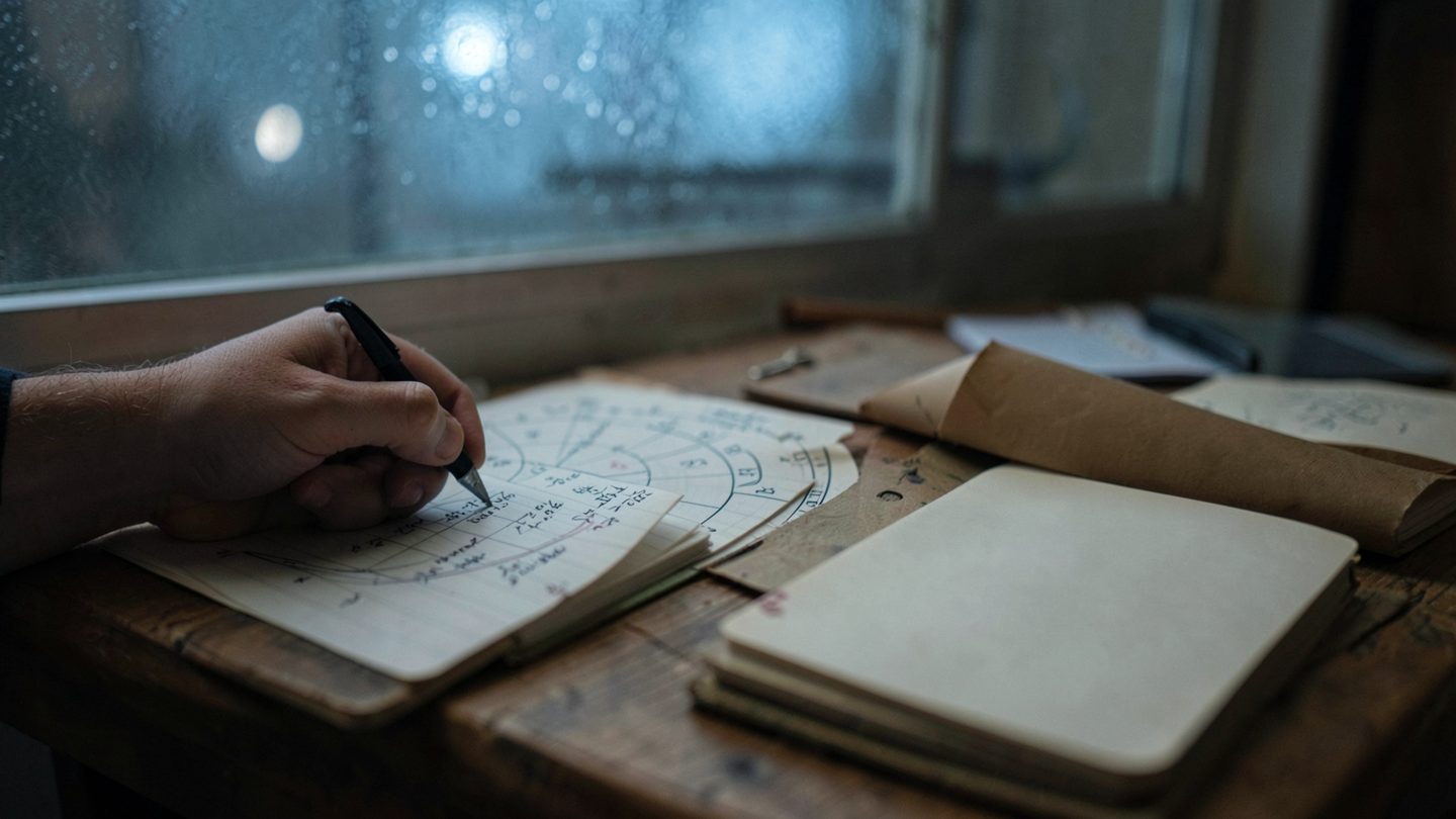 Photographic scene of someone taking notes beside an astrology chart and moonlight