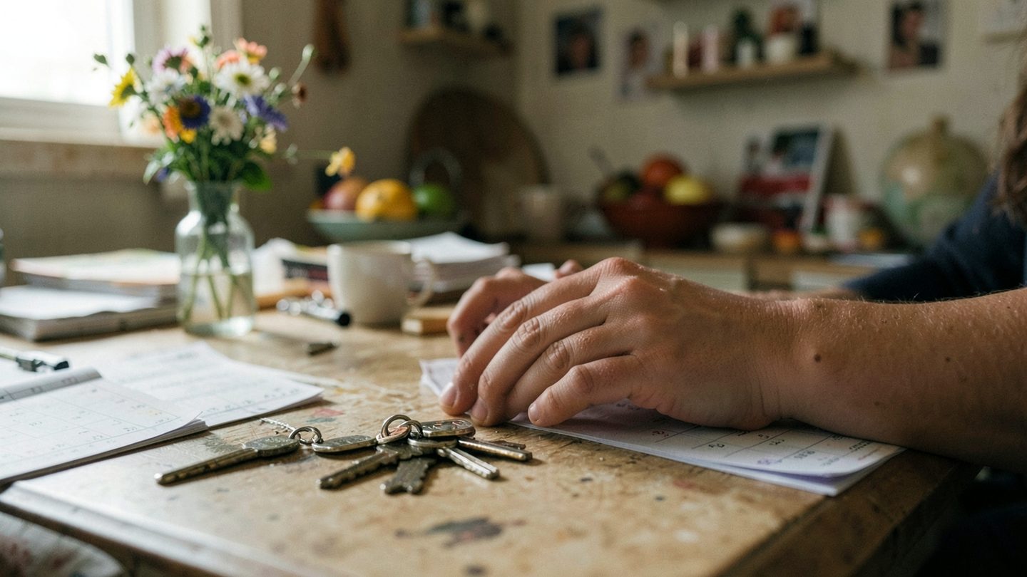 Hands, keys, and a calendar in a lived-in home setting