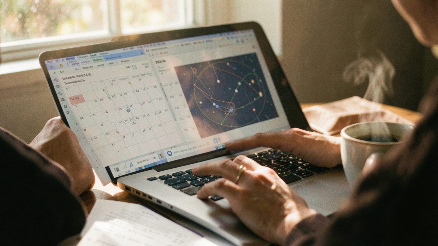 Editorial image of someone checking timing and transits