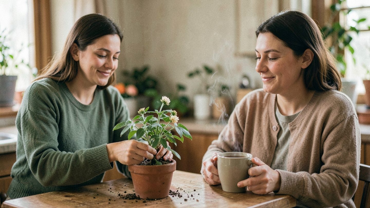 A candid editorial scene in a softly lit home kitchen shows one person carefully tending a small potted plant at a table while another sits nearby with tea, suggesting quiet support and healing in a warm, intimate setting.