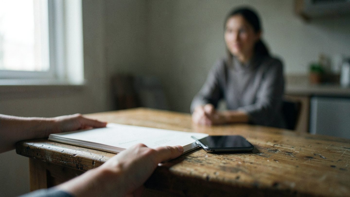 A candid editorial photo of one person sliding a notebook and phone away on a kitchen table while another person sits blurred across from them, suggesting a boundary-setting conversation in natural light.