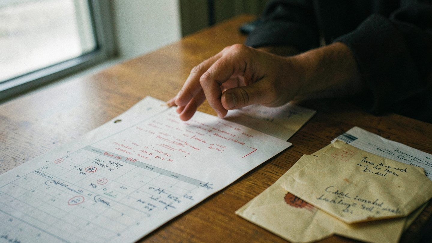 Hand revising a draft beside a calendar and envelope