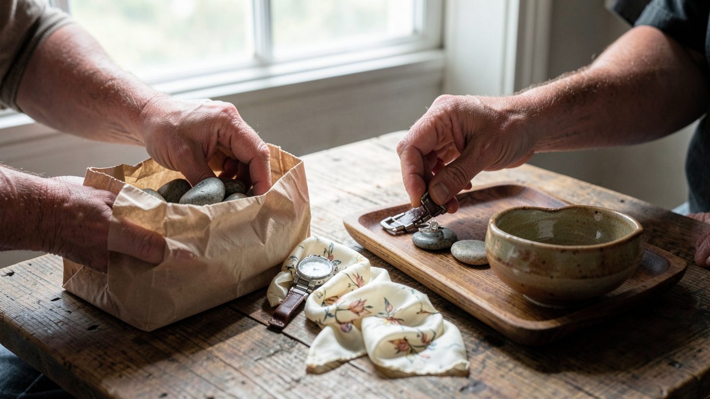 An adult’s hands sort a few personal objects on a wooden table by window light, placing some into a plain paper bag and keeping others neatly on a tray.