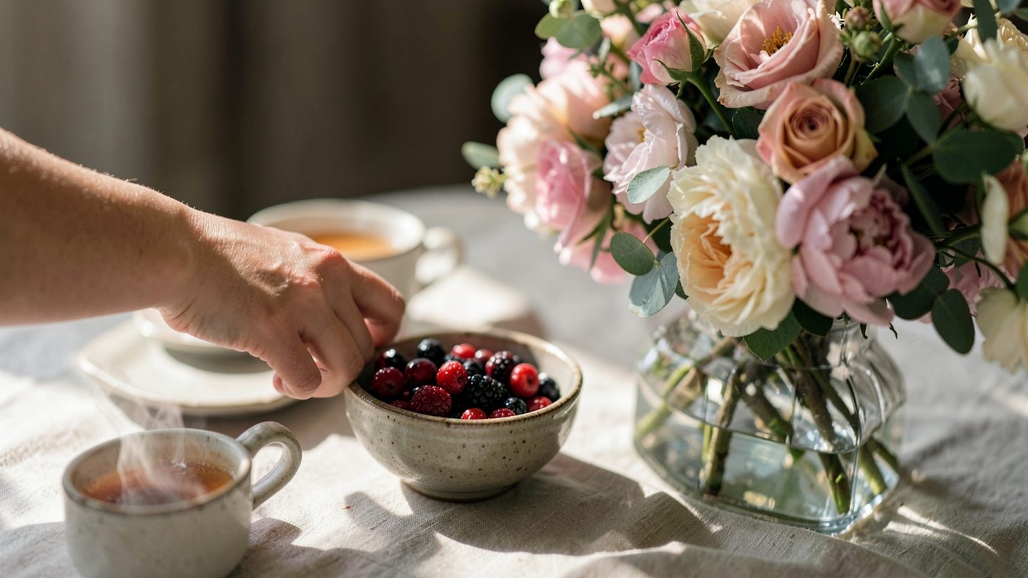 A close-up editorial image of a thoughtful gesture at a shared table