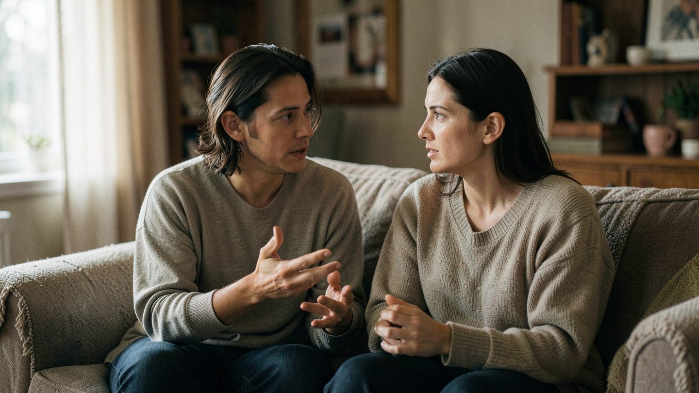 Two people in a careful conversation