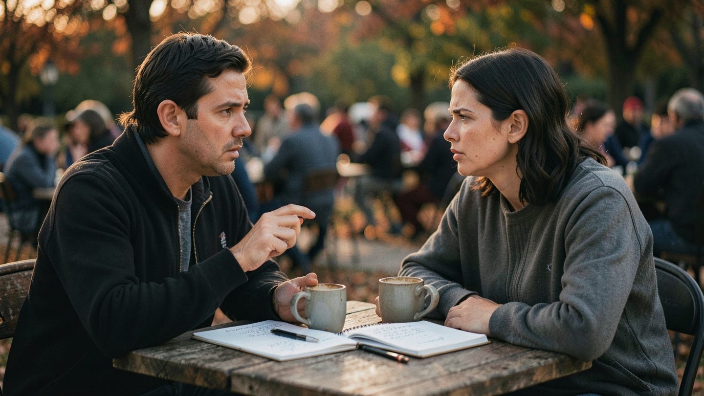 Editorial photo concept showing an indecisive conversation during Libra season