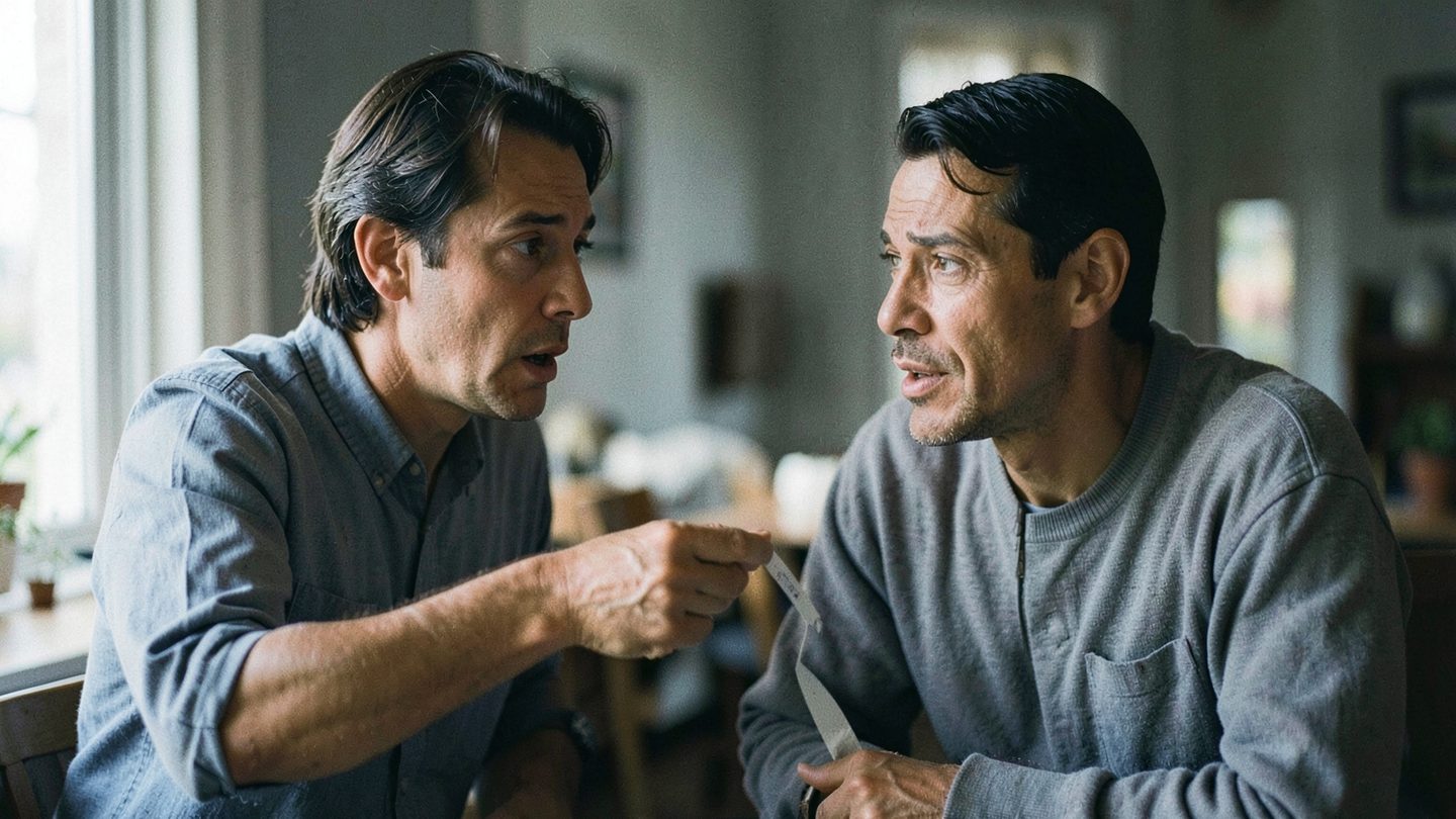 Two people in a candid conversation that suggests a calm but tense boundary-setting moment.