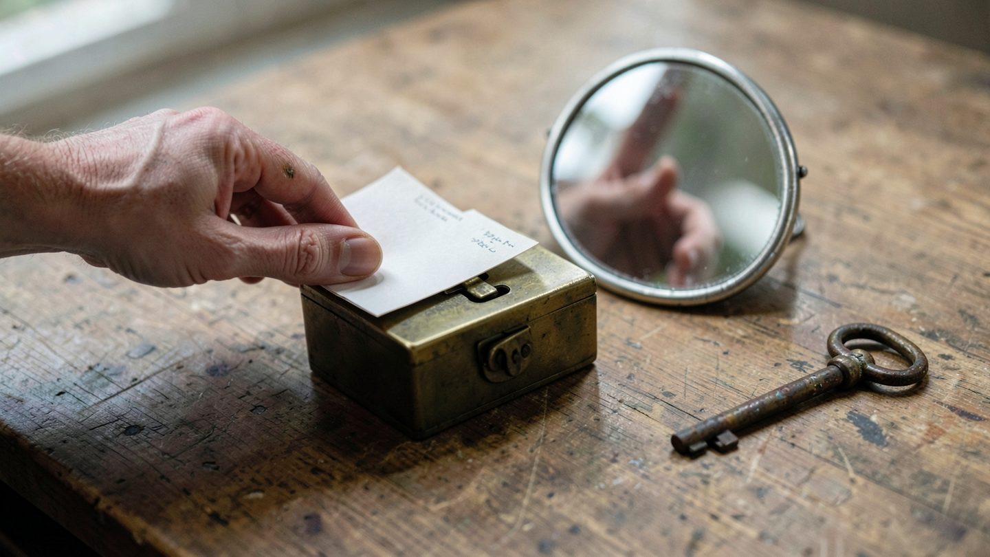 Hand placing a note into a small lockbox beside a key