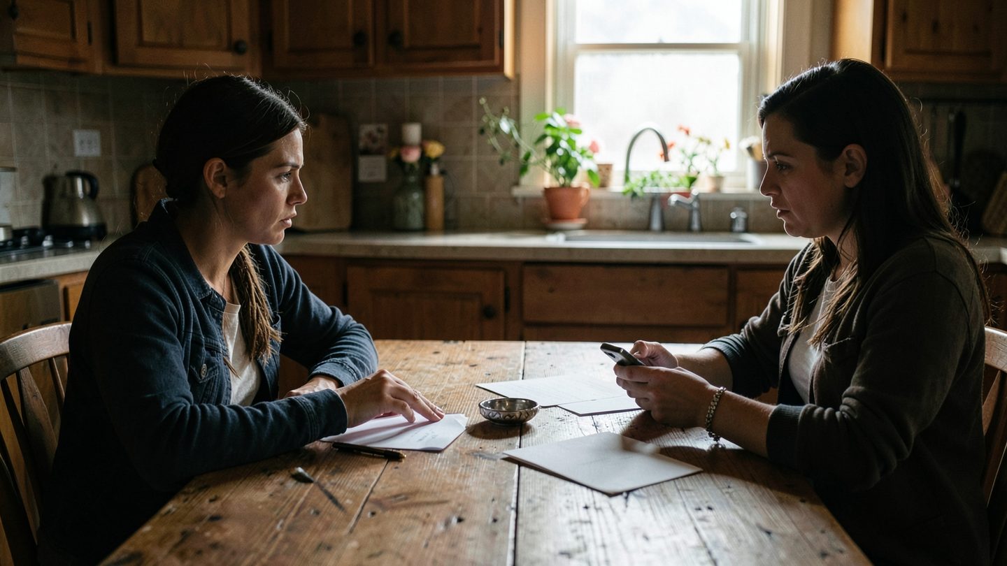 A tense editorial-style photo of a couple sitting apart at a kitchen table, with a ring dish, a smartphone, blank papers, and a pen between them.
