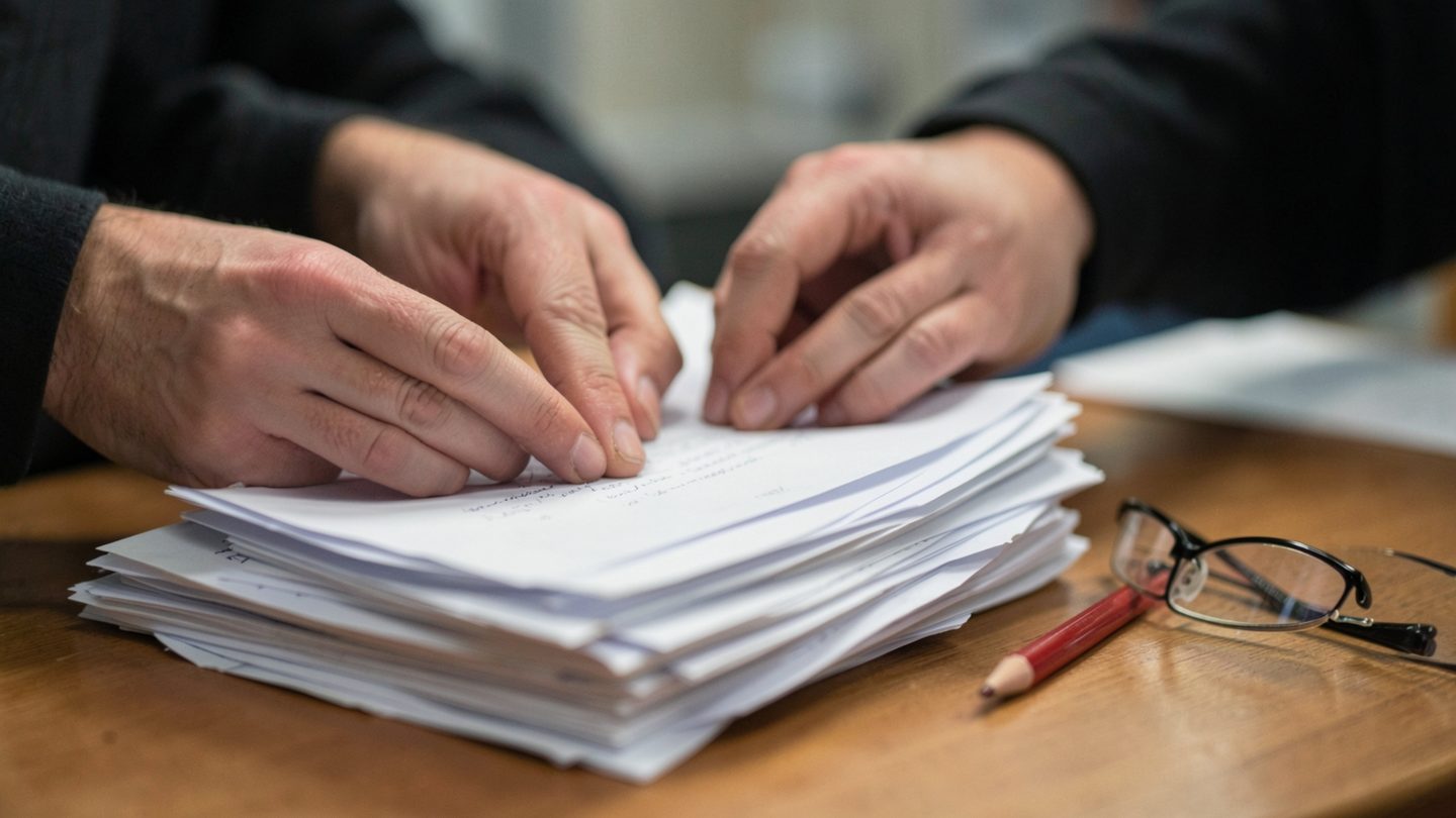 Two hands sorting through a stack of face-down paper drafts on a desk beside a red pencil and reading glasses, in soft editorial lighting with no visible text.