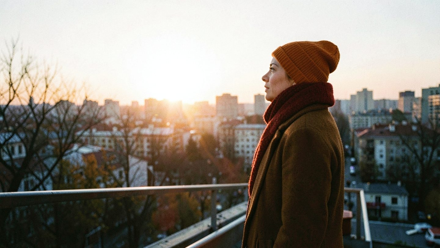 A person stands on a rooftop at dawn, facing a low bright sun over a city skyline, with late-autumn trees and a crisp winter feel in the air.