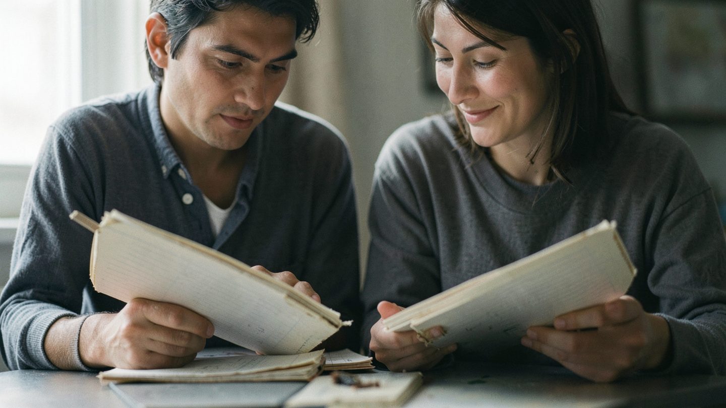 Two people comparing notes in a calm, realistic editorial scene.