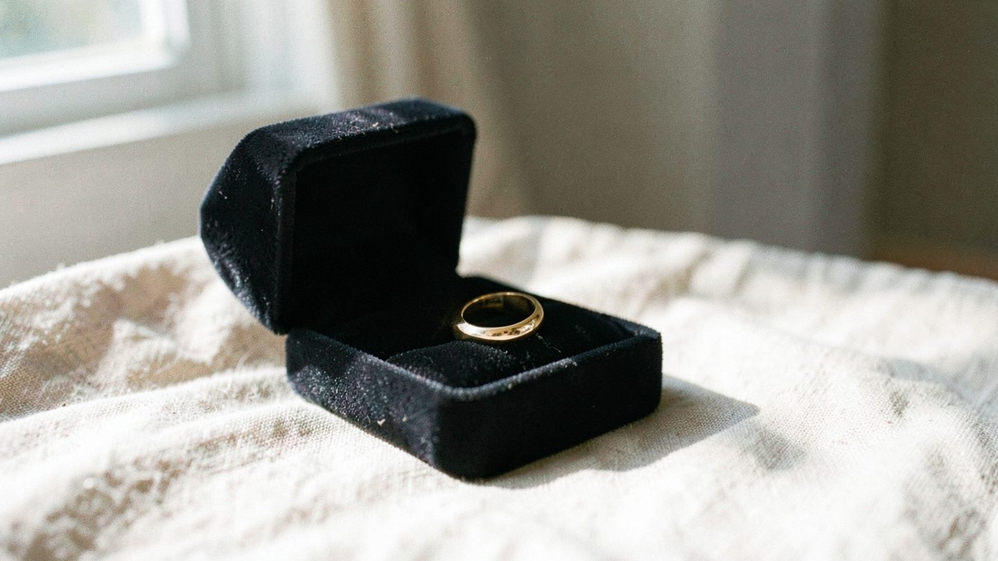 An open velvet ring box with a single gold ring on a linen cloth by a sunlit window, photographed in a quiet editorial style with a softly blurred background.