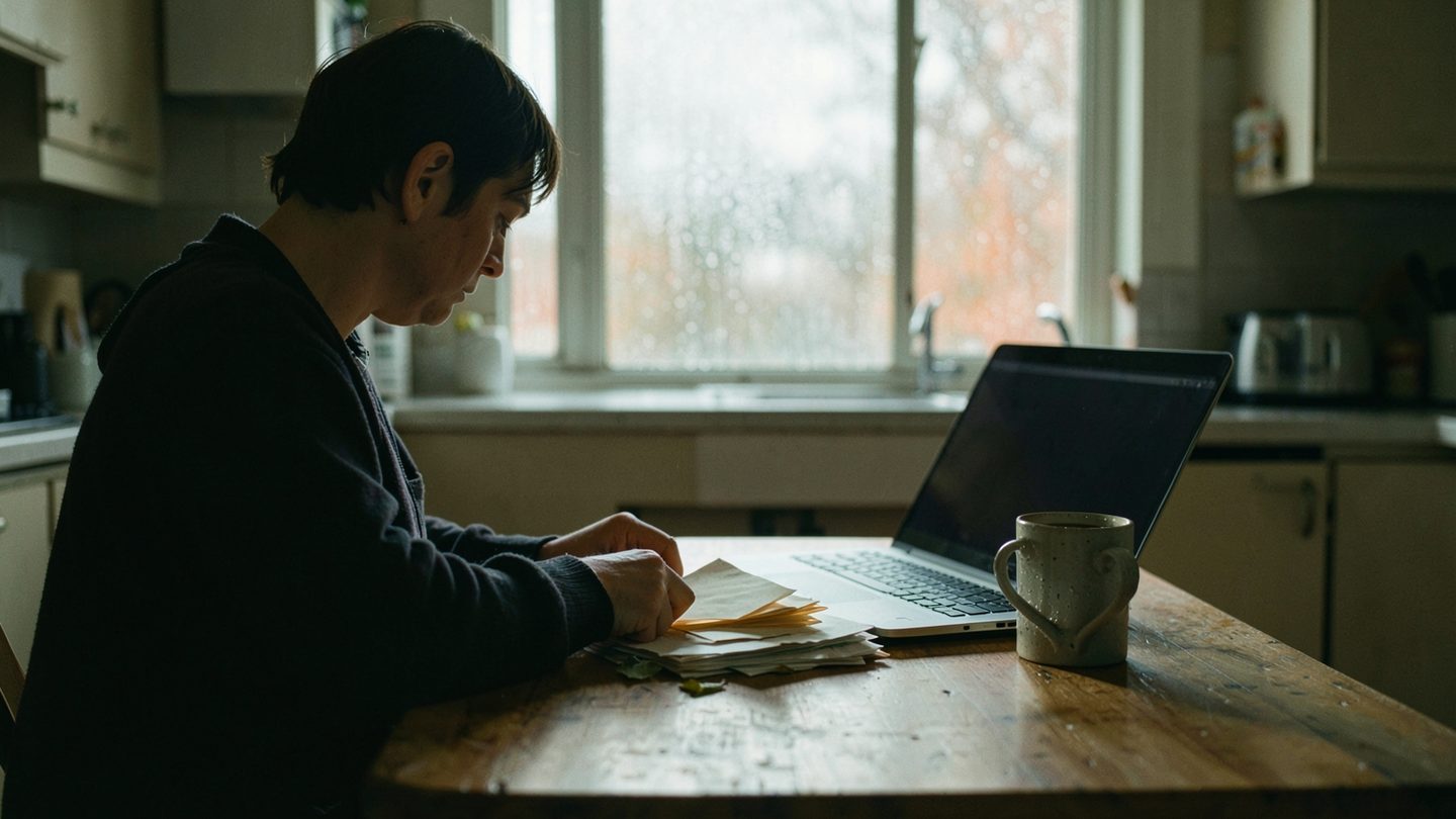 A person sits at a kitchen table in a dim apartment, looking at unopened mail and a closed laptop while rain streaks the window behind them.