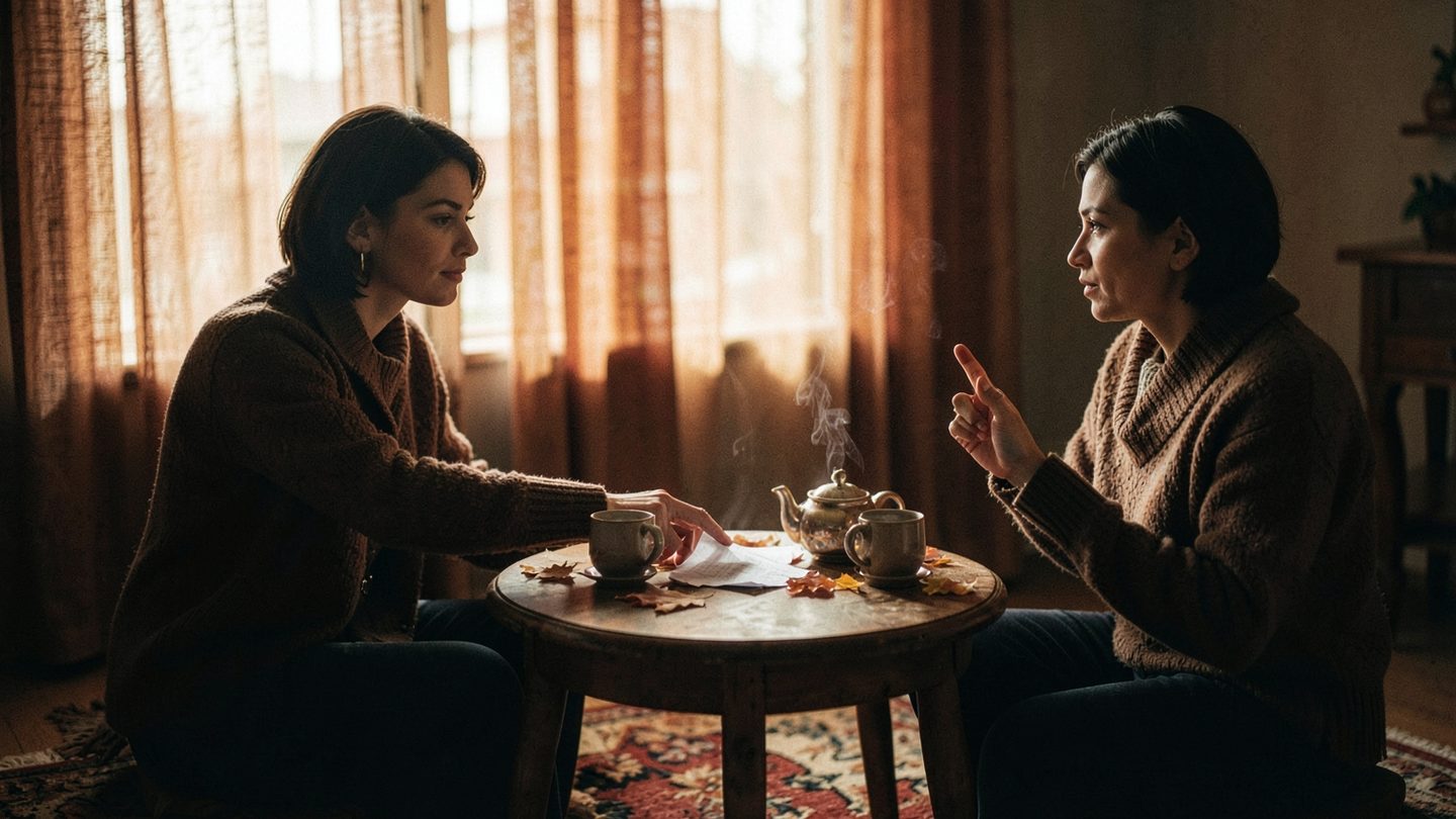 Two people negotiating a calm but firm agreement at a table