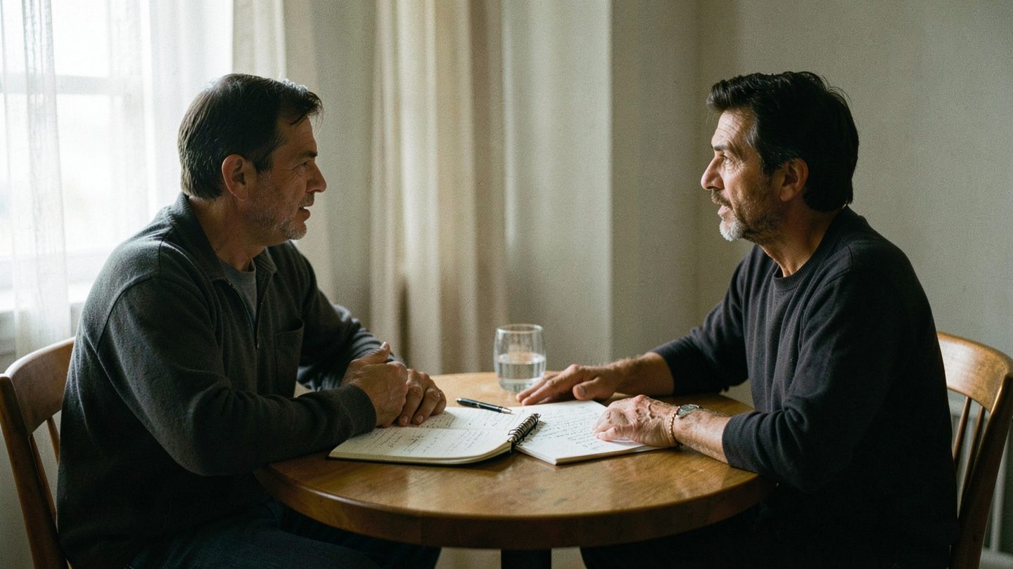 A calm but tense conversation at a table suggesting a relationship decision point