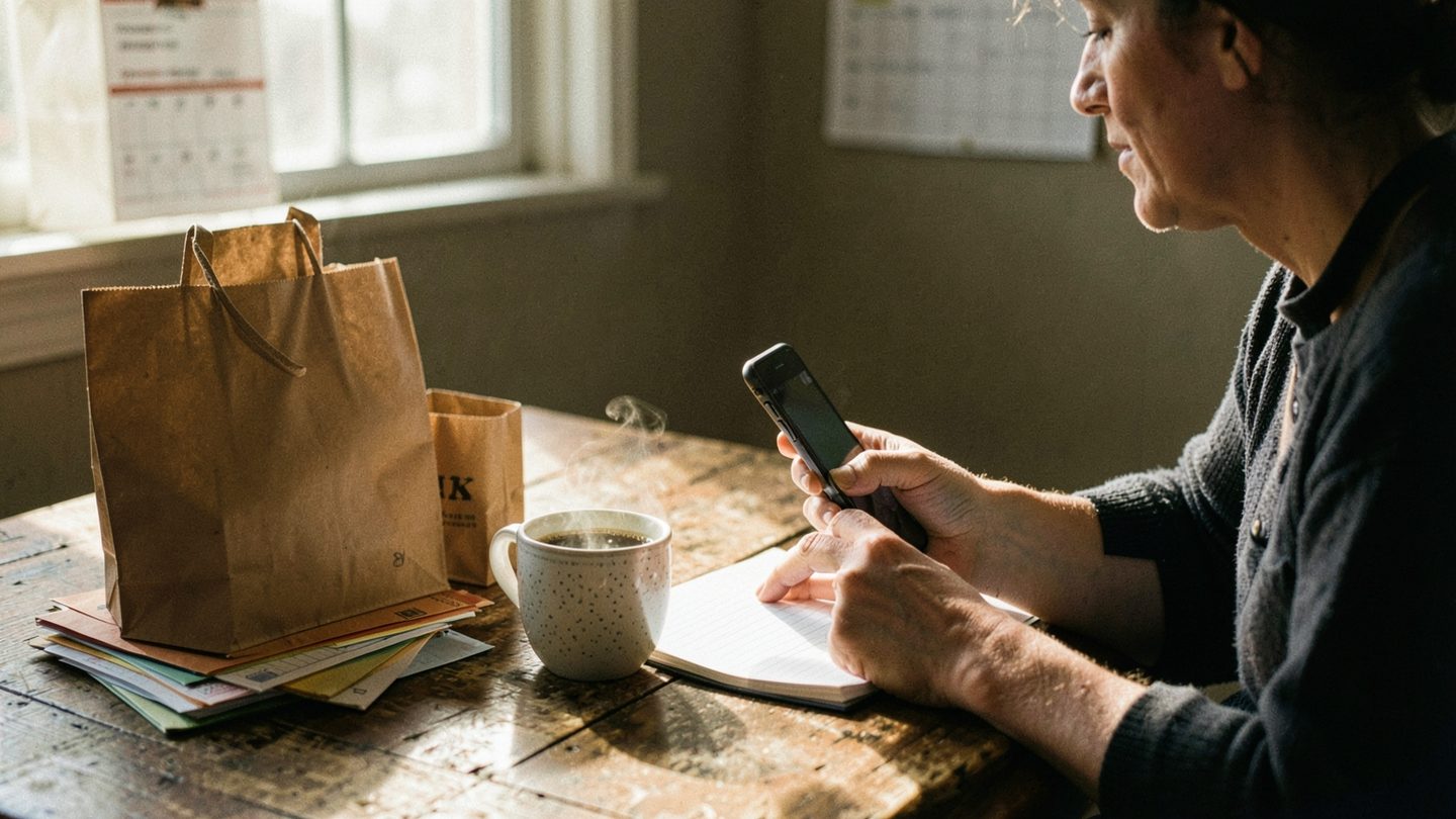 An adult sits at a kitchen table in warm morning light, hesitating with a smartphone over a blank notebook beside coffee, unopened envelopes, and reusable bags, suggesting they are weighing whether to commit to helping or saying yes again.