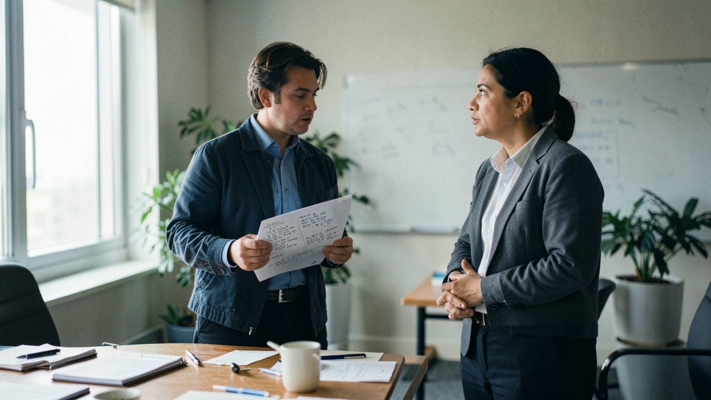 Two people in a meeting room facing a difficult but honest conversation.