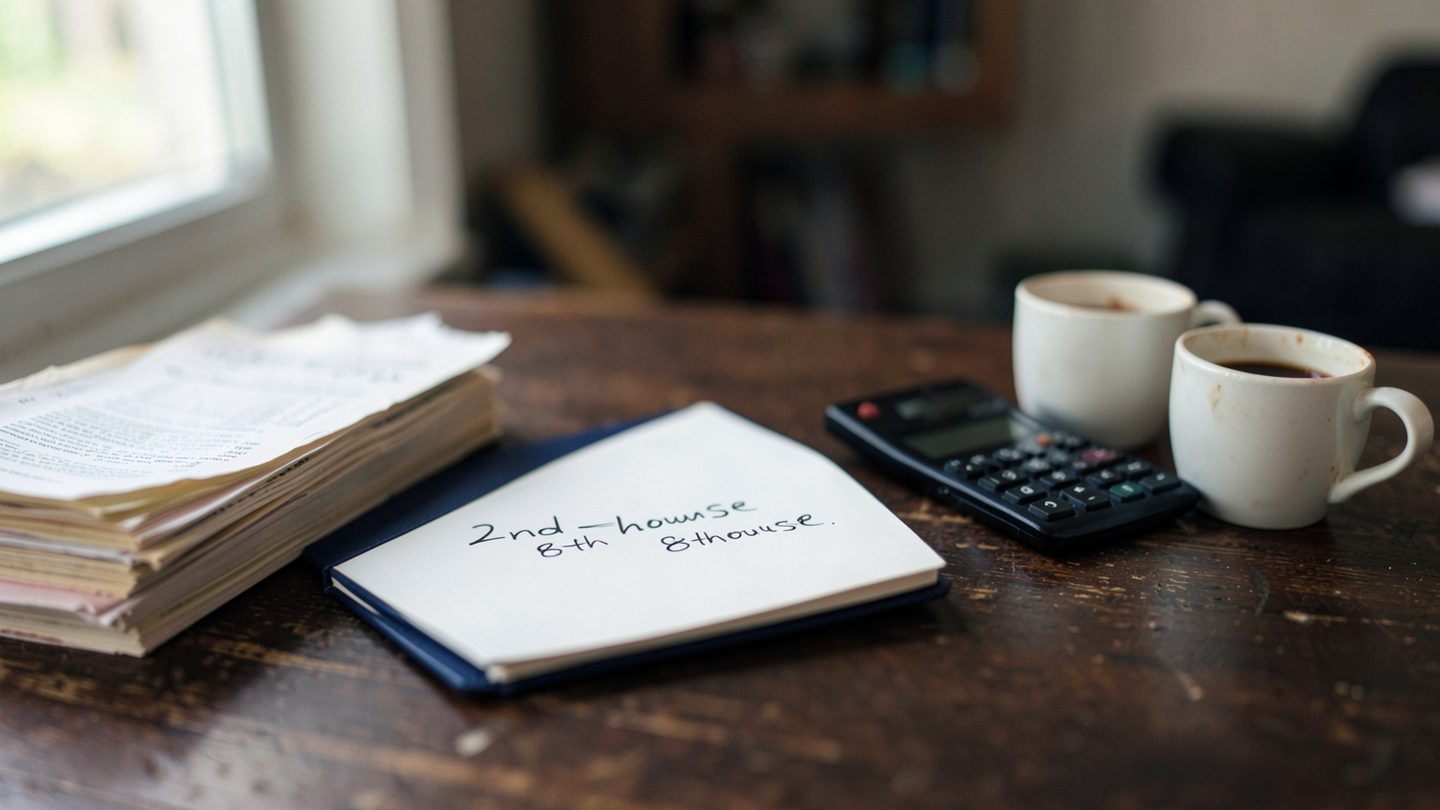 Editorial desk scene contrasting personal receipts with joint statements for a 2nd-house versus 8th-house explainer.
