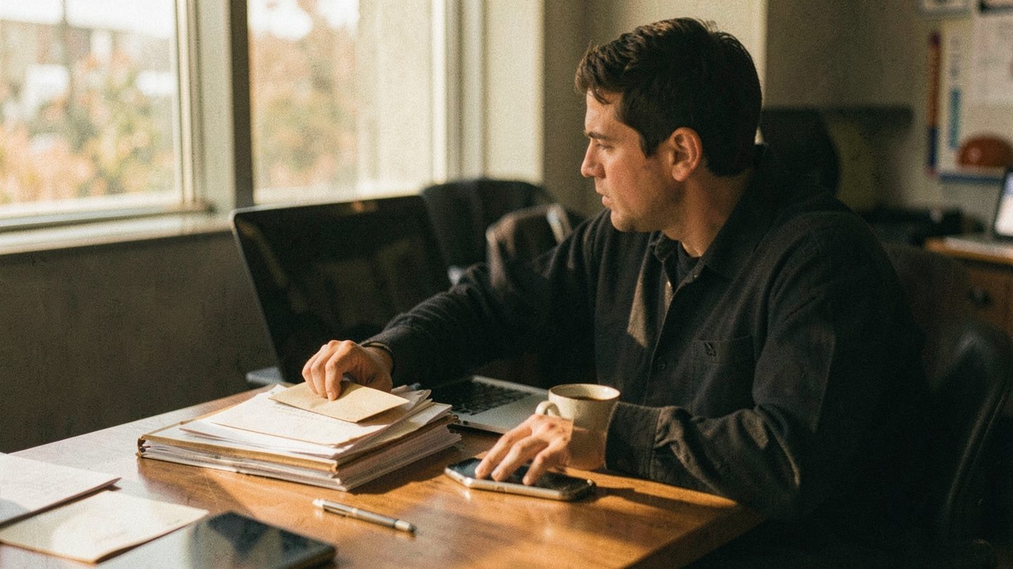 A realistic editorial scene of someone at a desk sorting a paper envelope and folder beside a phone and laptop, suggesting a corrected re-send or follow-up, with no readable text visible.