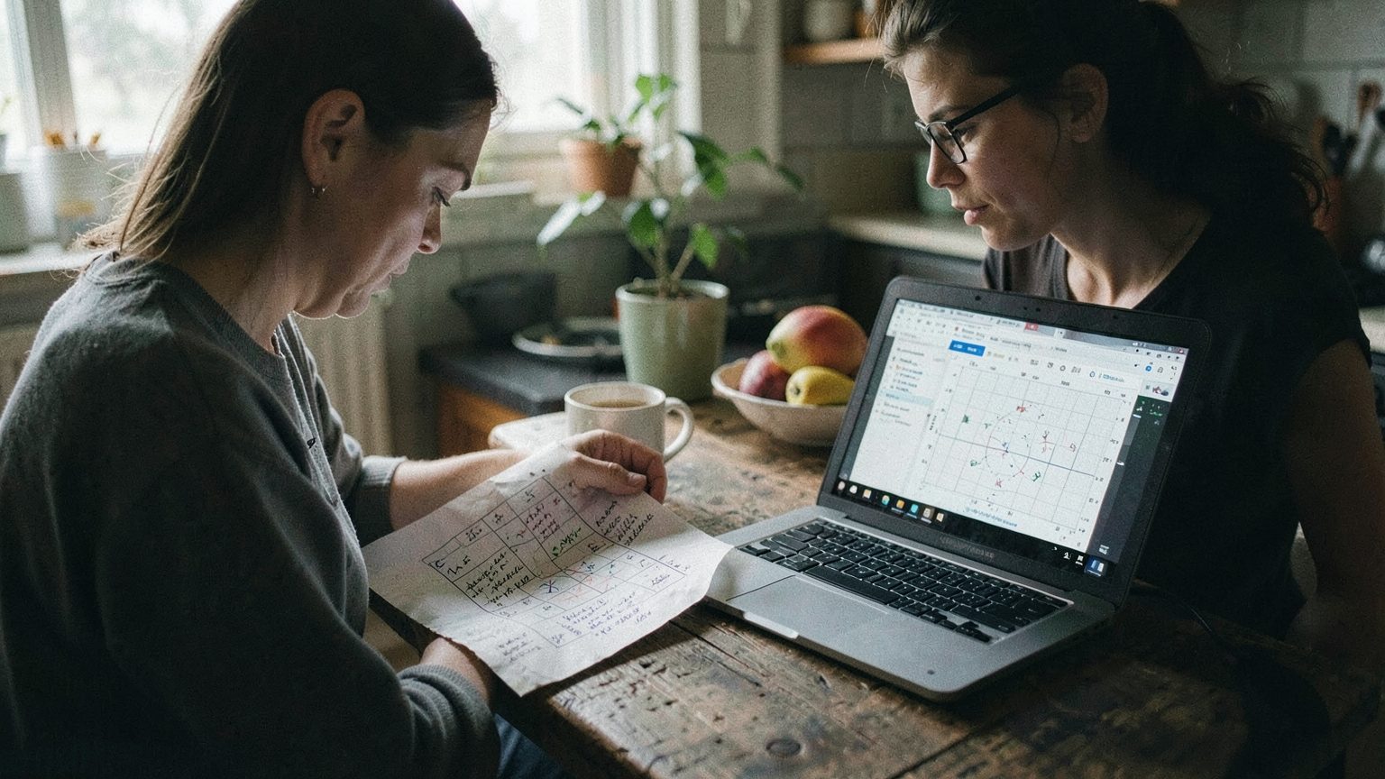 Editorial photo of a person comparing an astrology chart with notes at a kitchen table