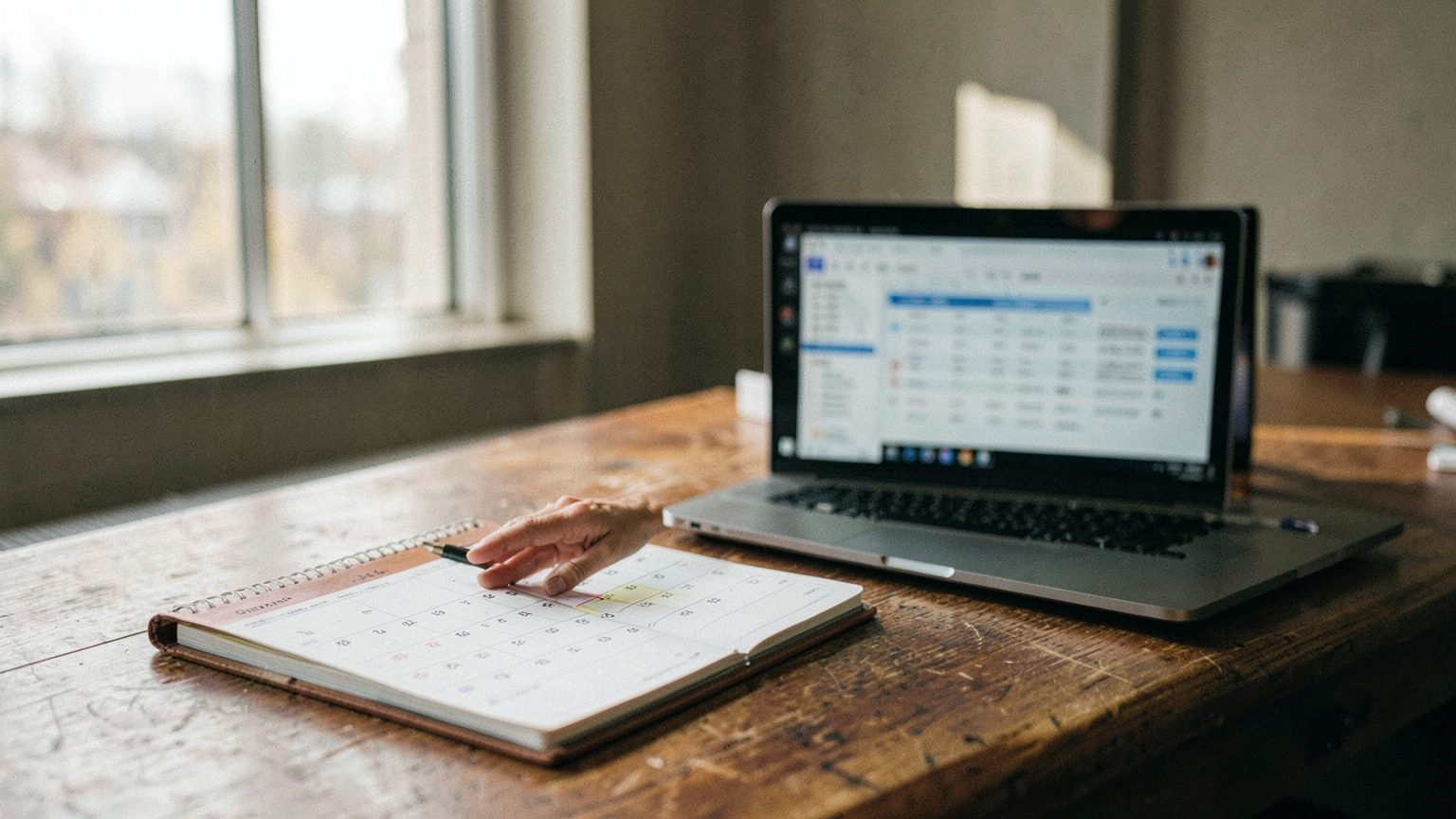 A candid late-October planning scene with a calendar, laptop, and hand pausing before a highlighted date