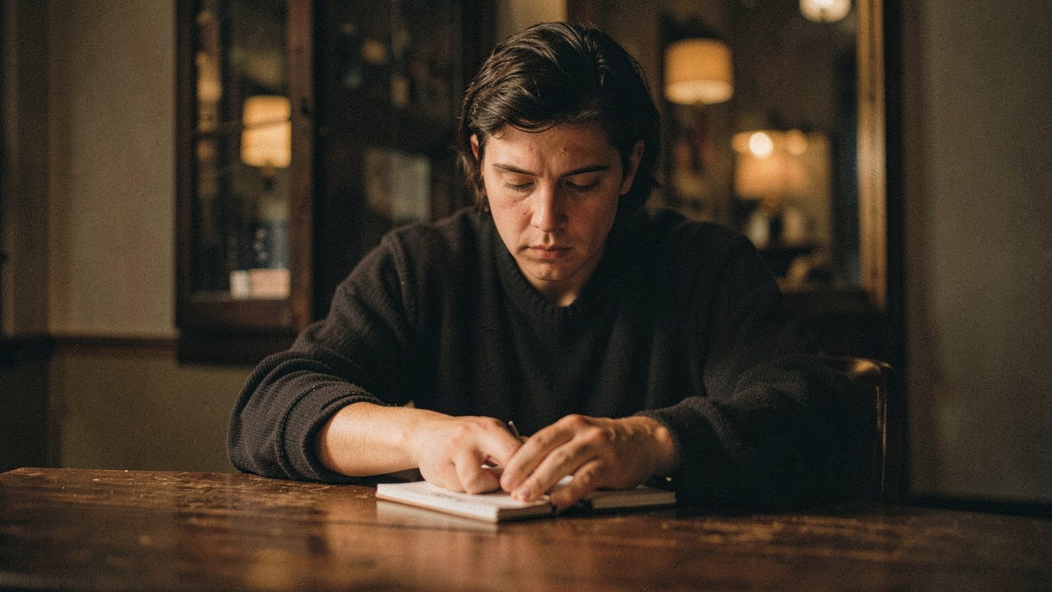 A person closing a notebook in a quiet autumn room, suggesting a shift from accommodating others to clearer boundaries.