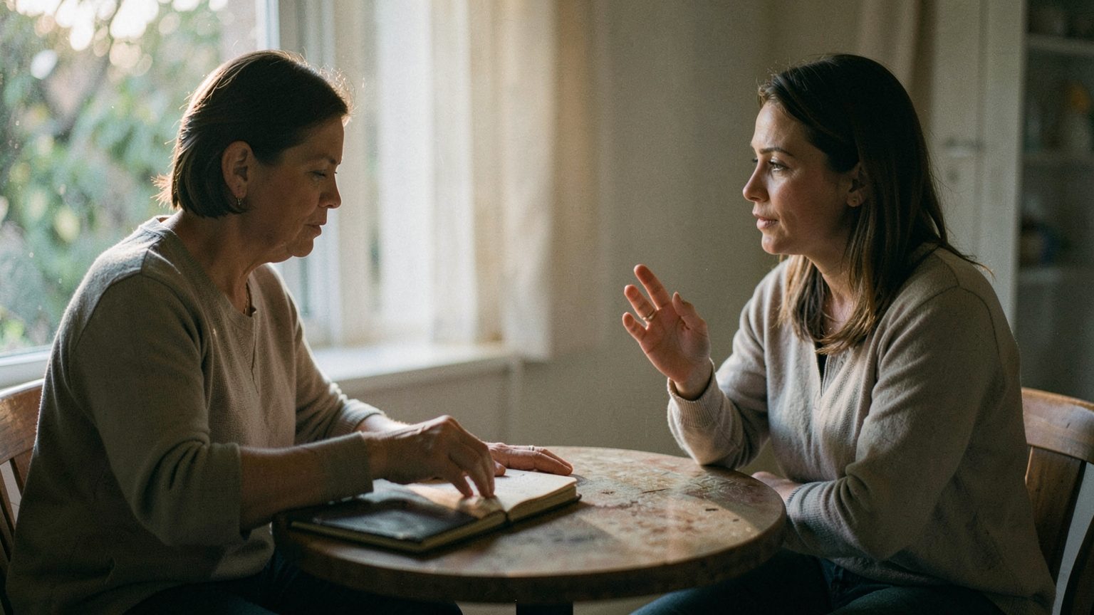 A calm boundary-setting conversation at a table, photographed in an editorial style