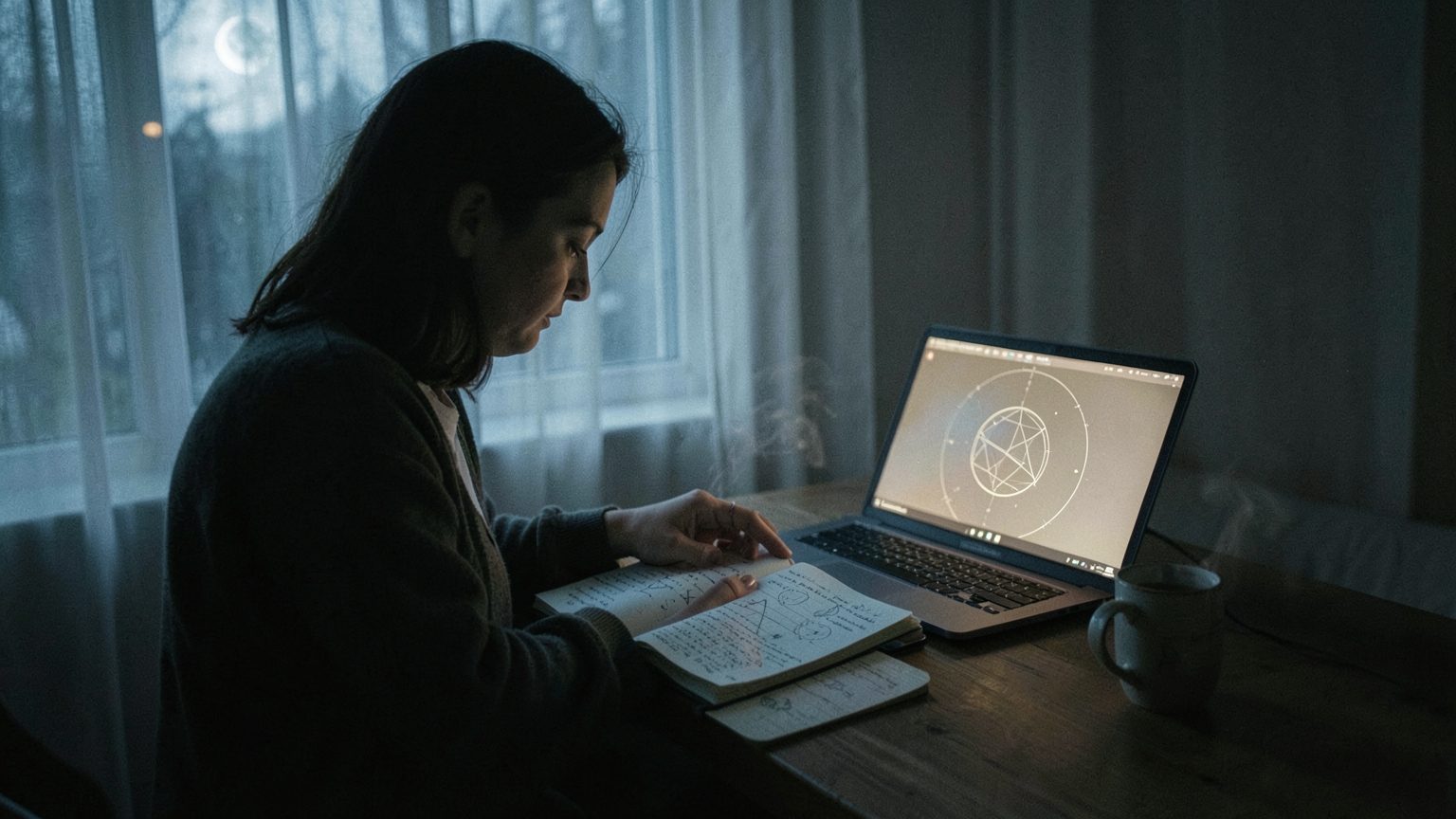 Editorial photo concept for a grounded full-moon birth-chart reading