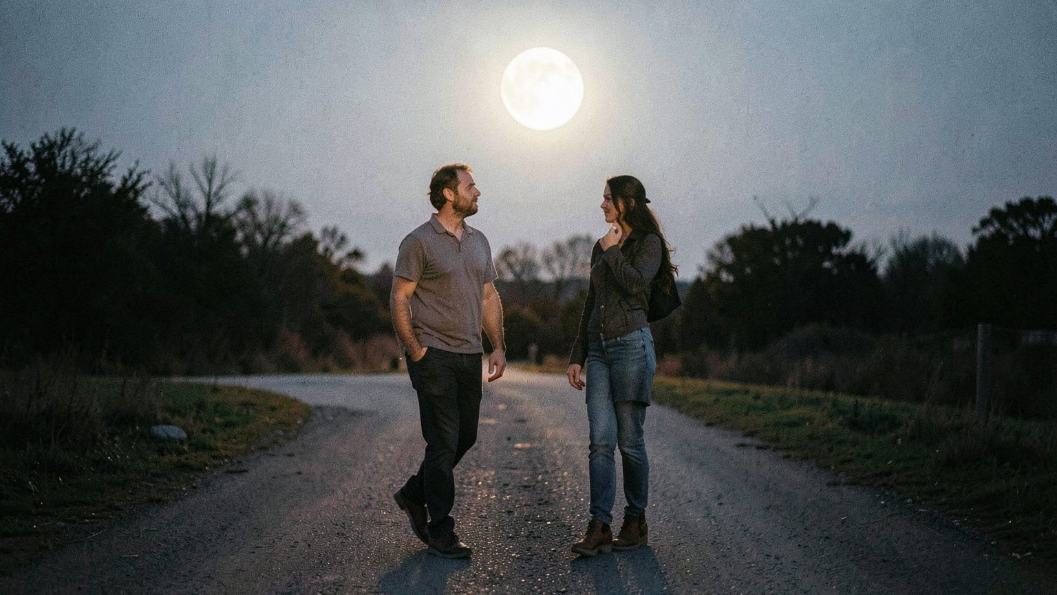 A dusk crossroads scene suggesting a choice under the full moon.