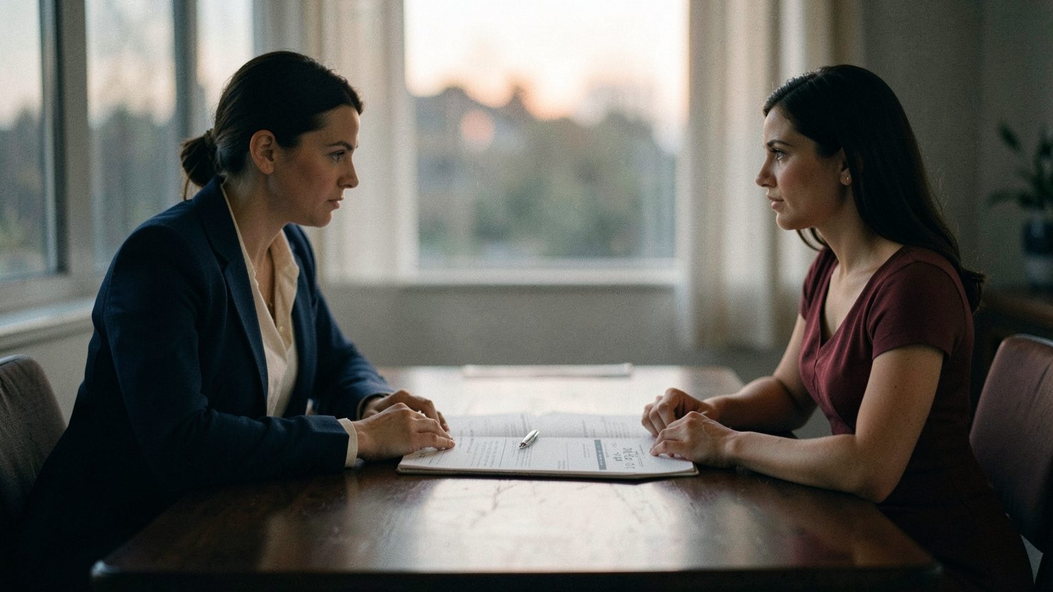 Two people pausing over a contract in a softly lit editorial scene