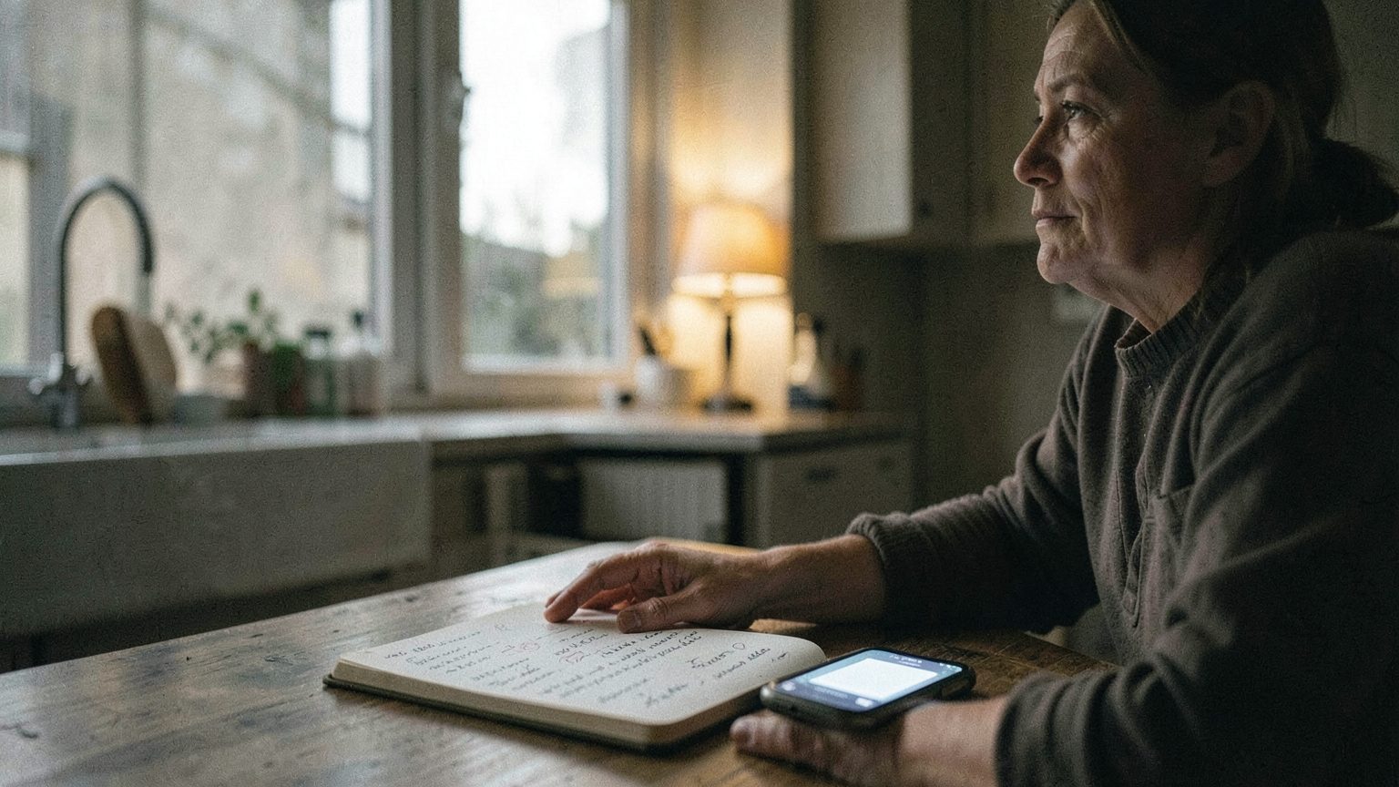 Editorial image of a person reflecting at a kitchen table near a window