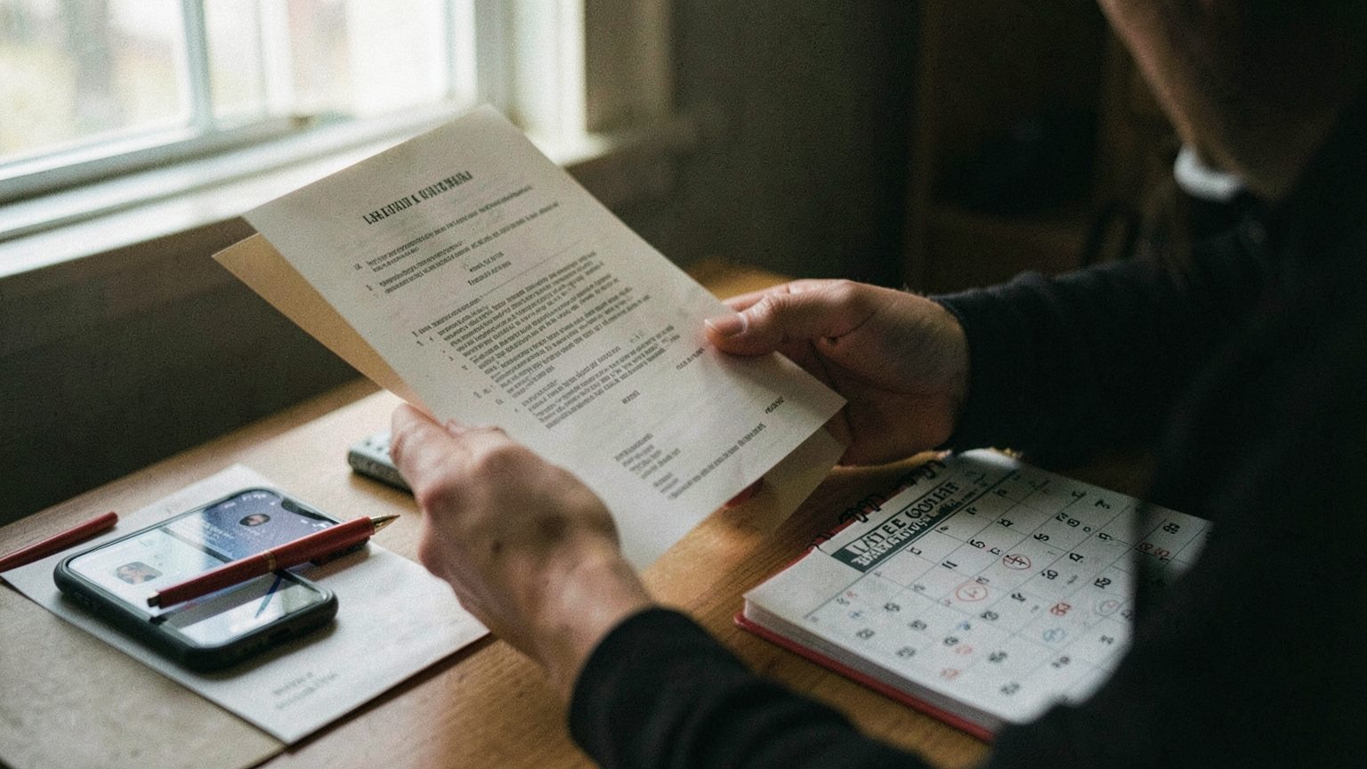 A person reviewing a contract and calendar beside a phone, suggesting a careful re-check before signing or resending.