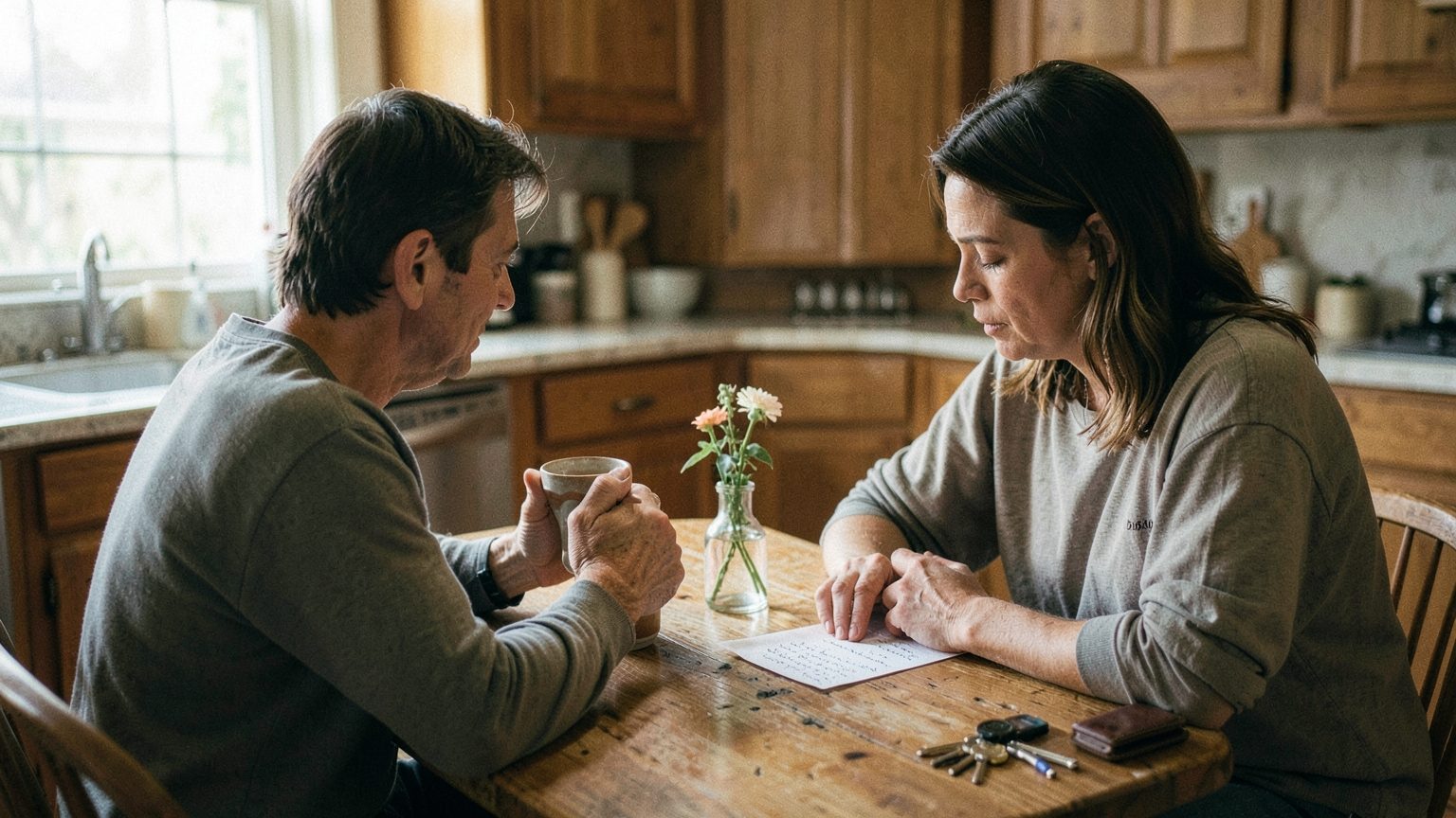 Realistic editorial scene of two people in a tense but reflective relationship moment