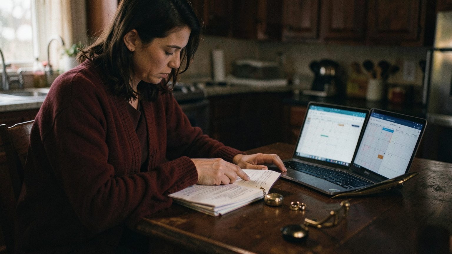 Editorial image of a person reviewing money, receipts, and relationship keepsakes at a table