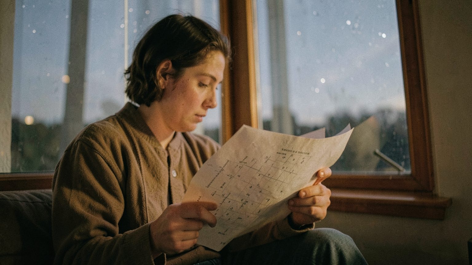 Editorial photo of a person reviewing a birth chart in soft dusk light