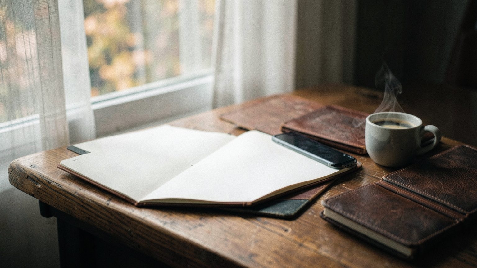 A quiet dawn desk scene with an open blank planner, a phone, a notebook, and coffee by a softly lit window, suggesting regrouping and preparation.