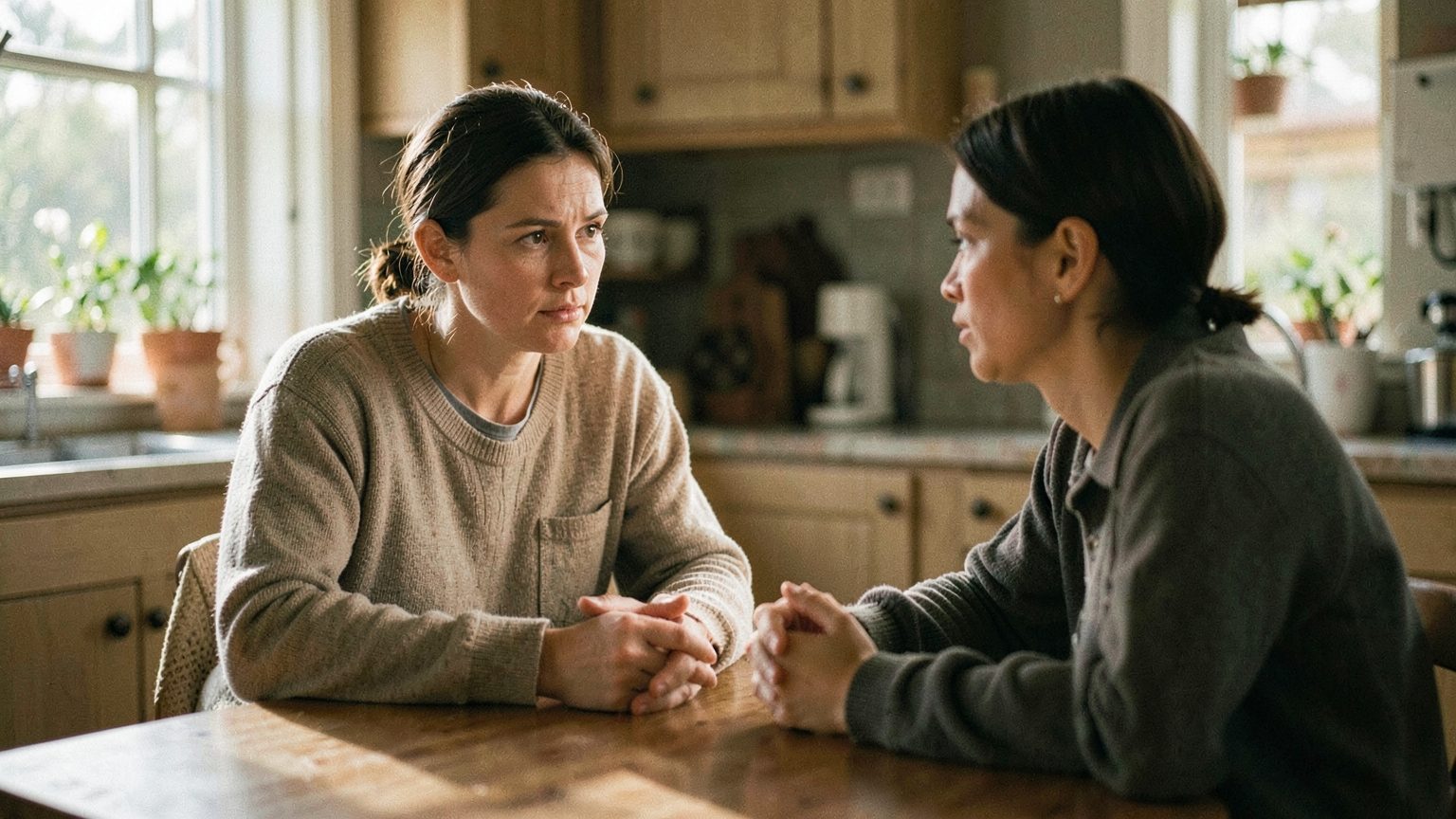 Candid editorial scene suggesting a difficult but healing conversation