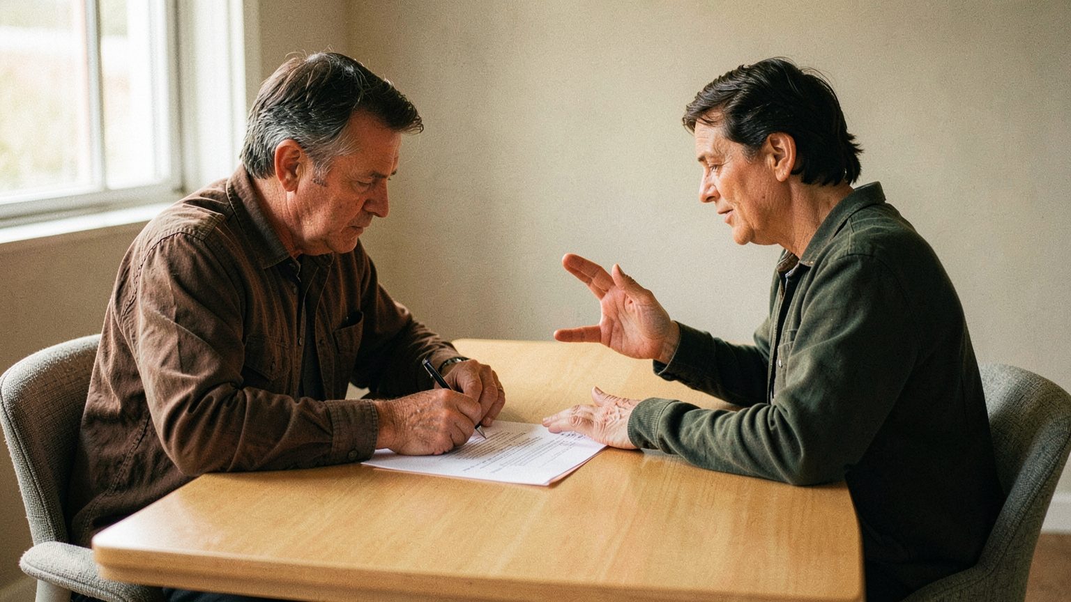 Two people reviewing an agreement while one person pauses to set a boundary.