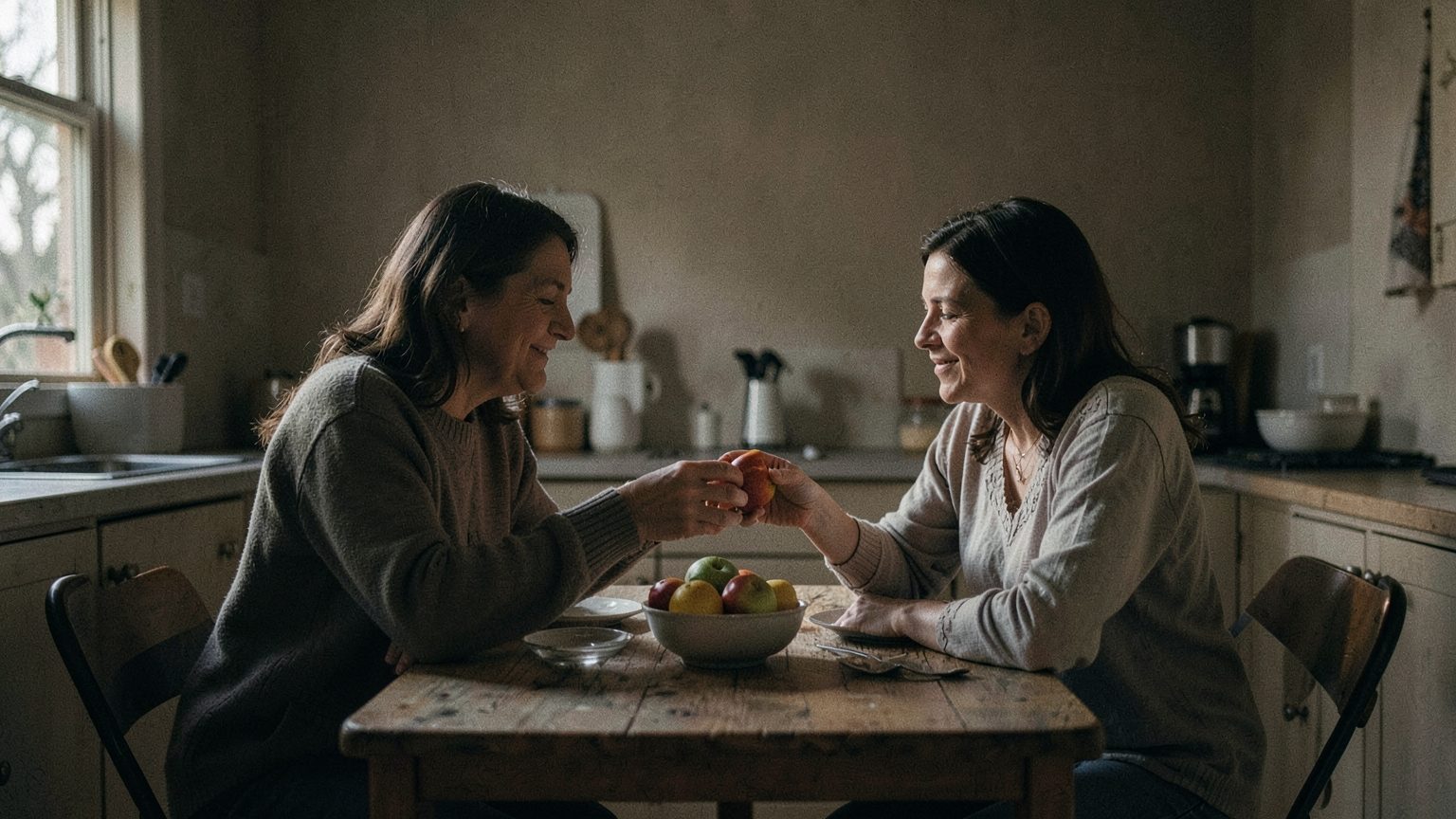 Two adults sit at a small kitchen table at dusk, one gently offering a bowl of fruit to the other in a calm, supportive moment, with soft natural window light and a quiet, realistic editorial feel.