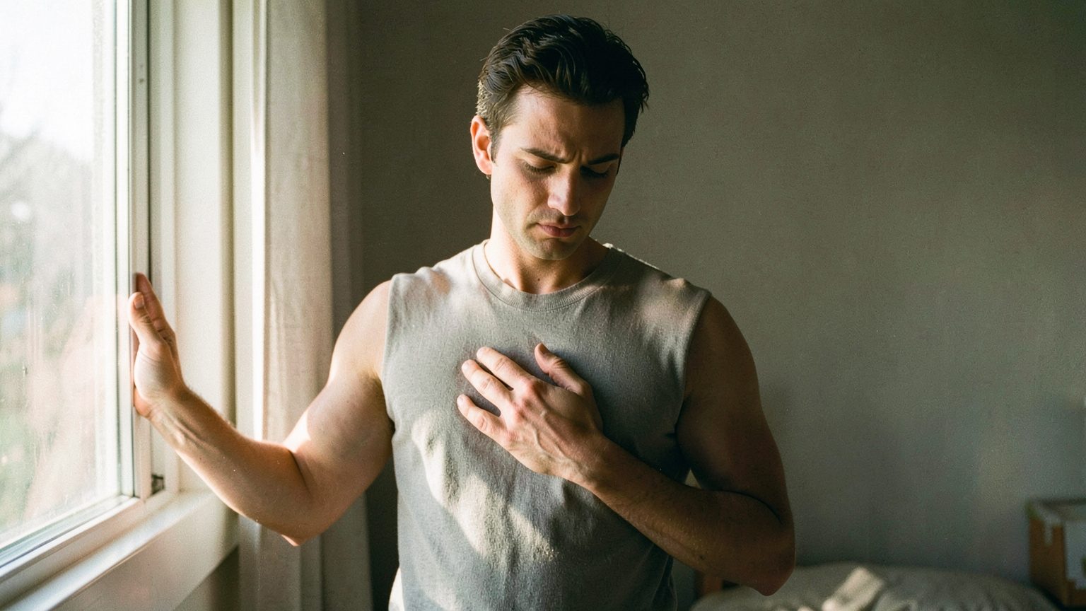 A solitary person stands quietly beside a bright morning window in a simple bedroom, one hand on their chest and the other on the window frame, conveying introspection and emotional sensitivity.