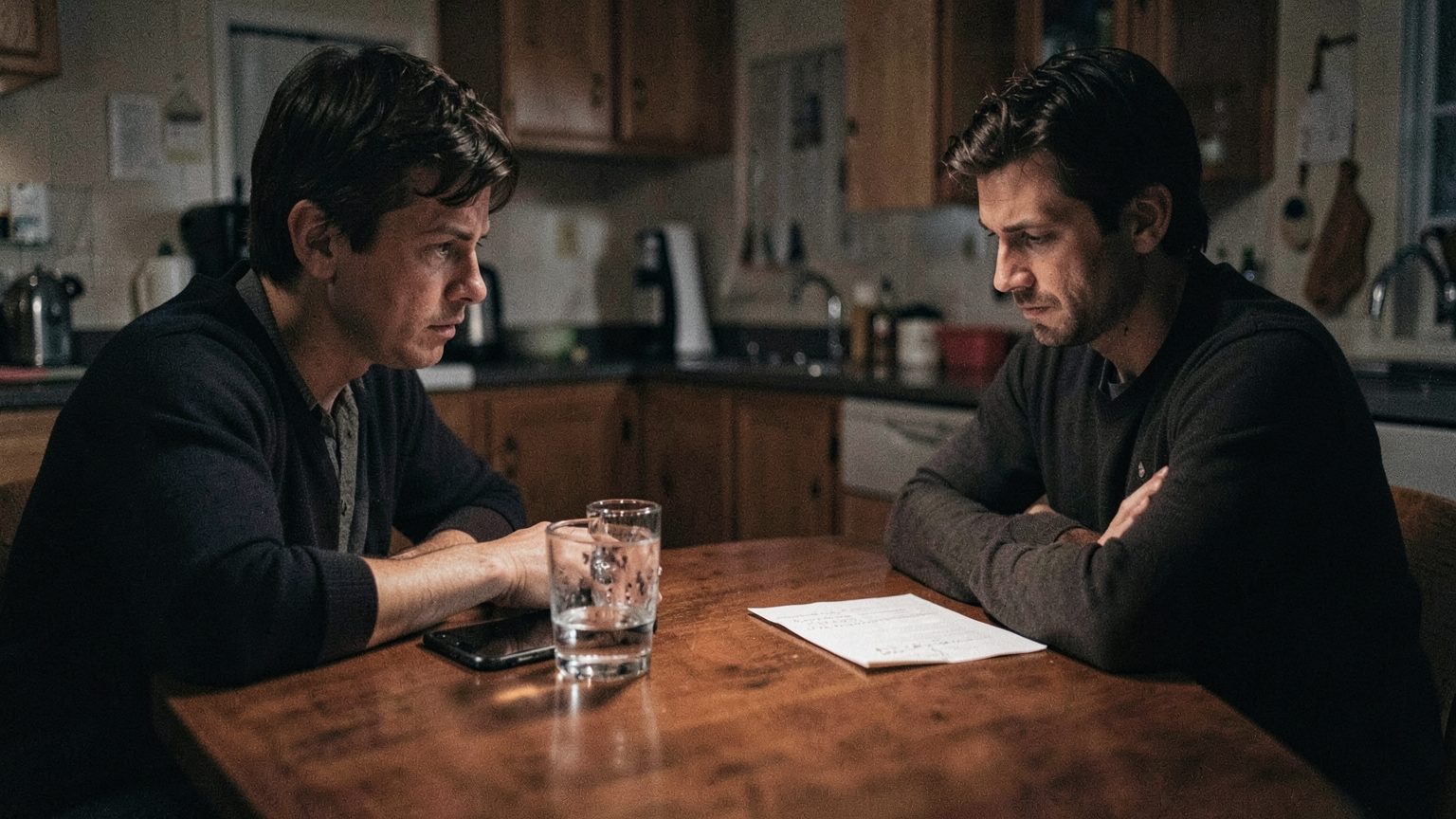 Two adults sit in a dim evening room across a small table, one with a phone set face-down beside a glass of water while the other sits with arms crossed and a blurred note nearby, creating a tense communication-breakdown atmosphere in a realistic editorial photo.