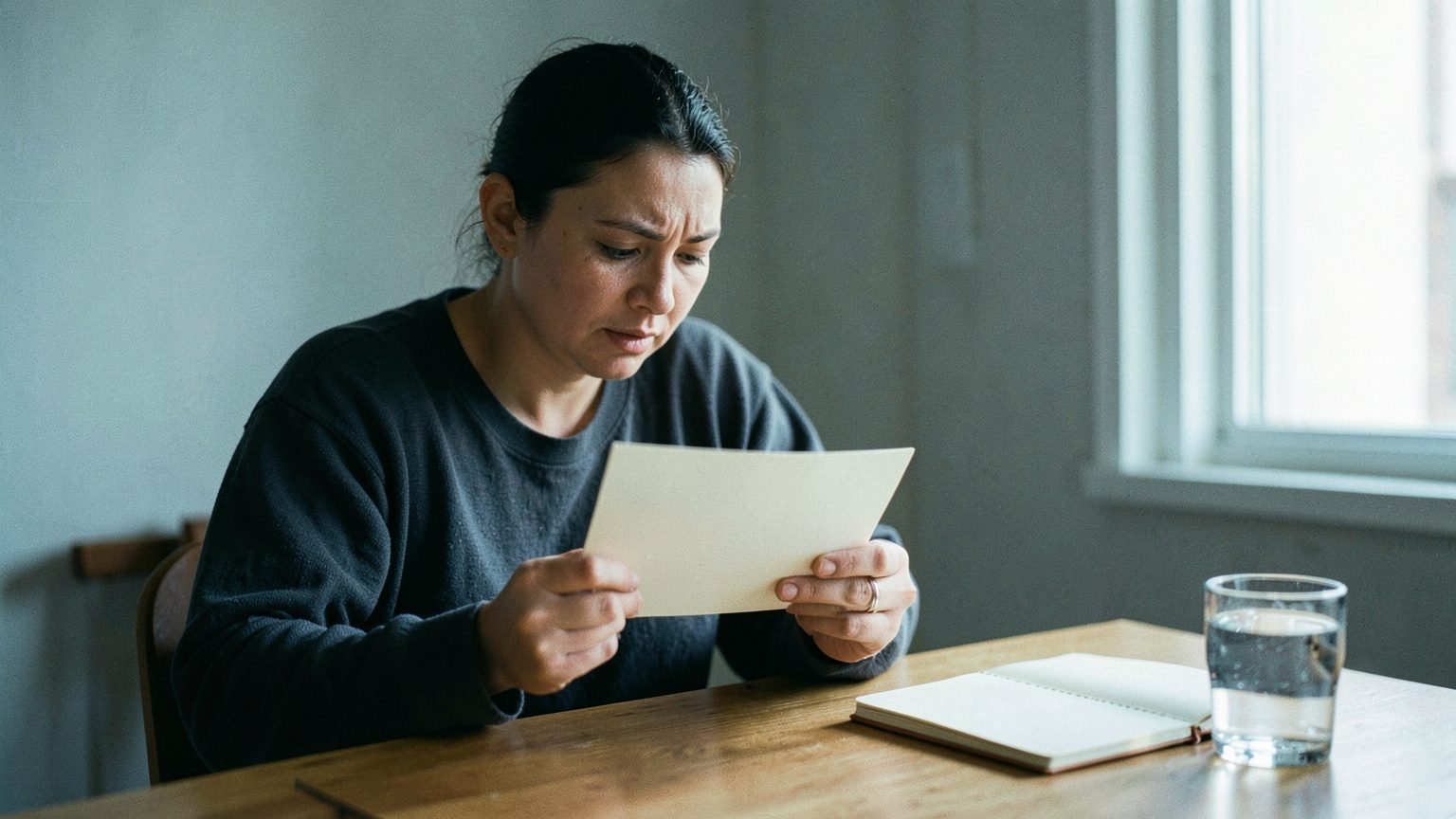 A person sits alone at a table in a quiet room, holding two blank cards and looking down with a thoughtful, slightly strained expression as soft window light falls across the scene.