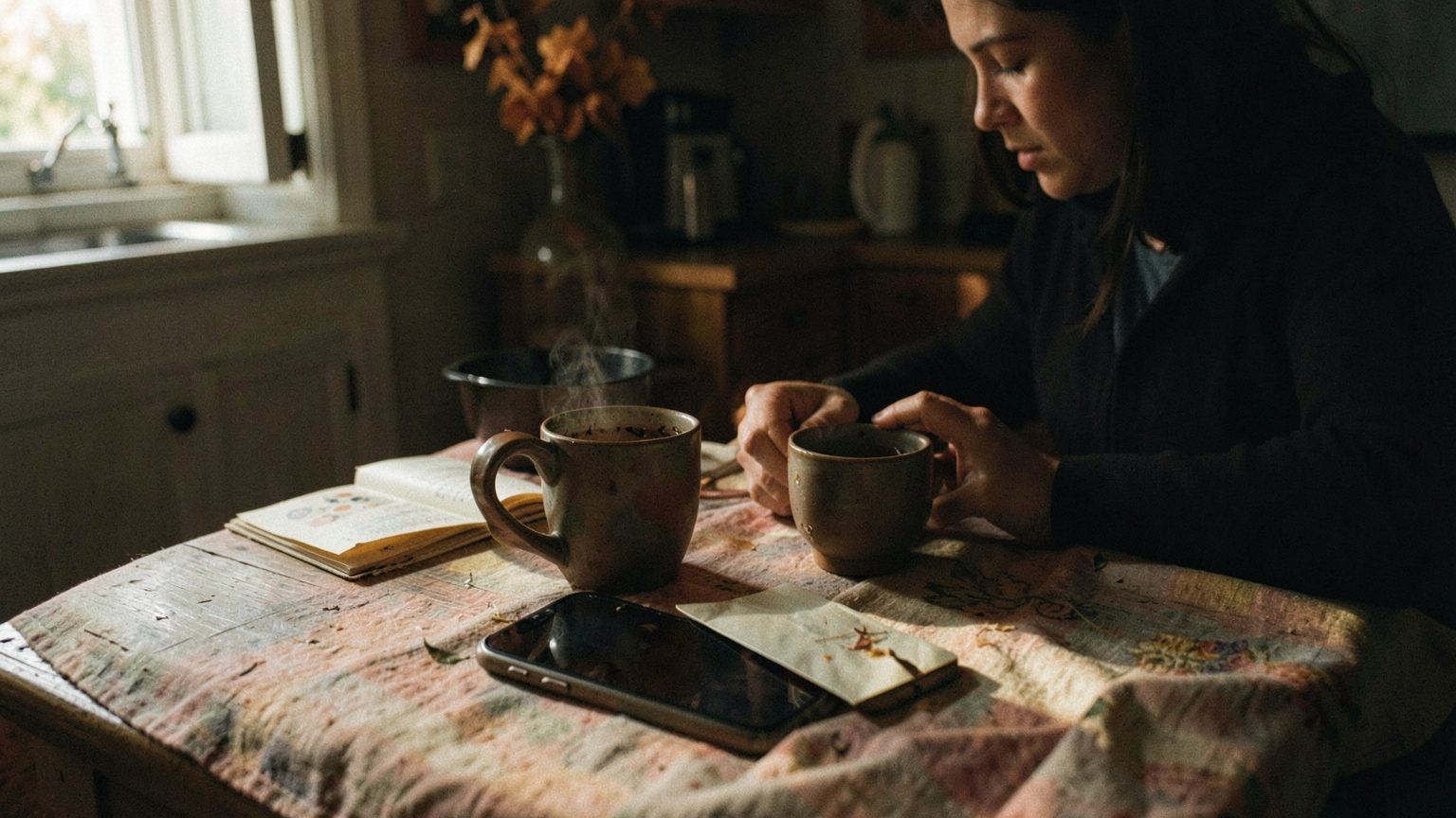 A person at a kitchen table with an unopened envelope and a phone, suggesting an overdue conversation.