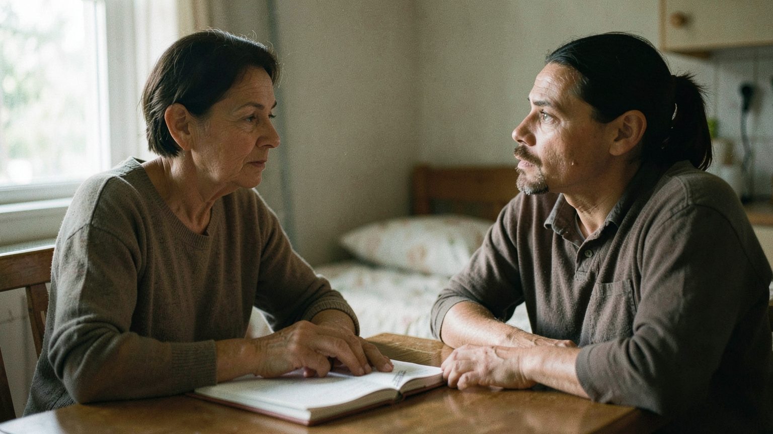 Editorial photo concept showing two people in a tense but thoughtful conversation