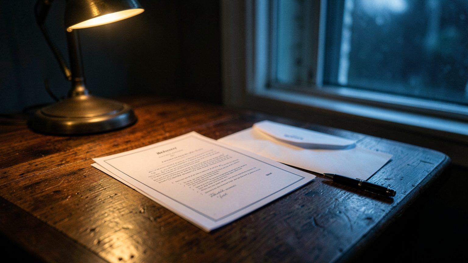 A moonlit desk by a window with an unsigned contract, a renewal envelope, a pen, and a phone turned face down, lit by warm lamp light and cool moonlight in a tense nighttime editorial scene.