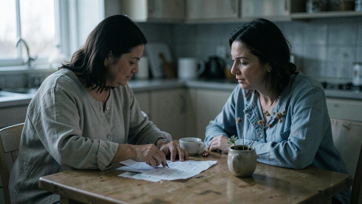 Two people at a kitchen table discussing a drafted agreement in soft evening light.