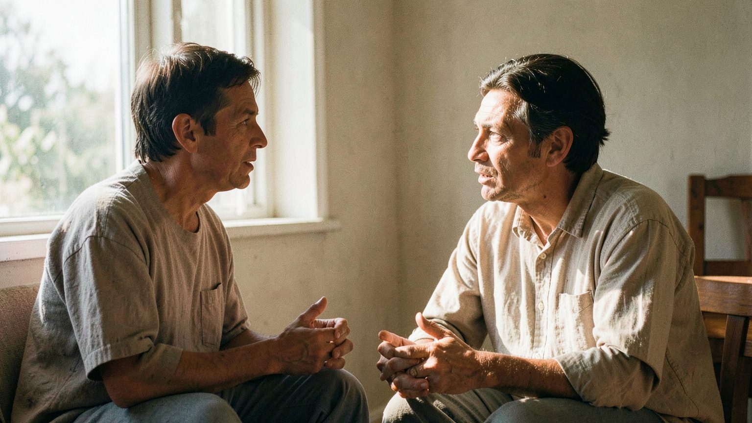 Editorial photo concept showing a supportive, healing conversation
