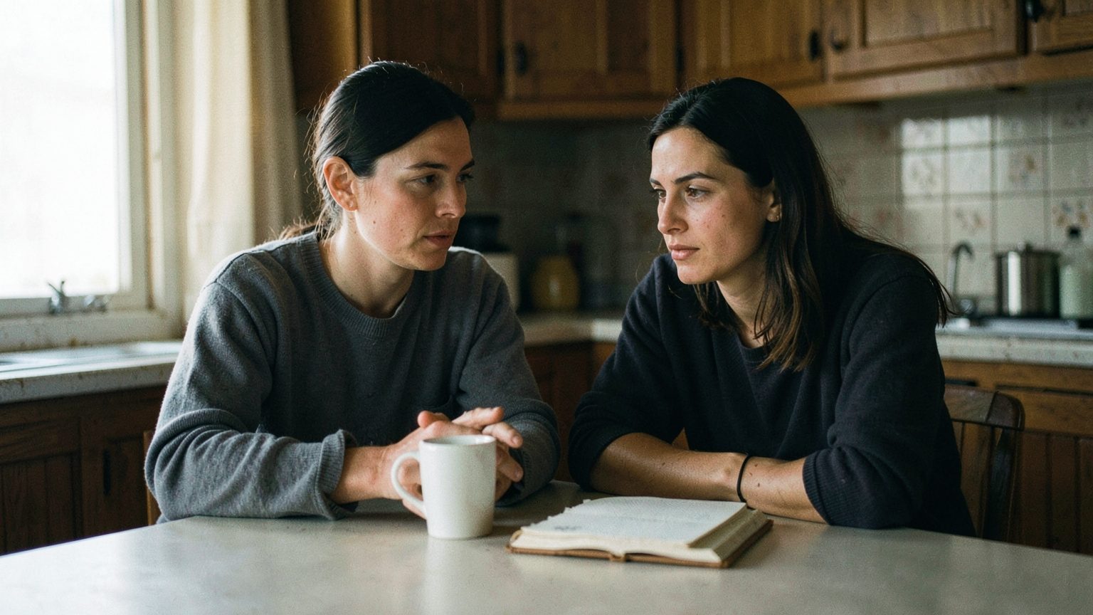 A candid editorial-style photo of a couple sitting at a kitchen table in soft daylight, showing quiet emotional distance through their body language in a realistic home setting.