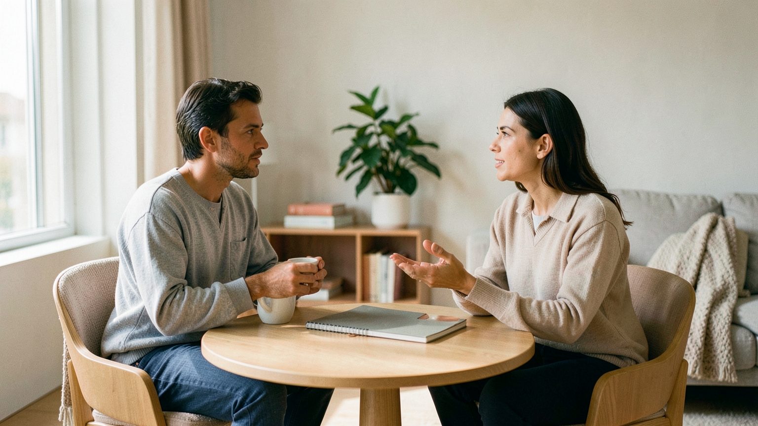 Two adults in a softly lit modern living room sit across a small table in a calm conversation, suggesting relationship balance and fair decision-making, with a mug and a closed notebook on the table and no visible text or charts.